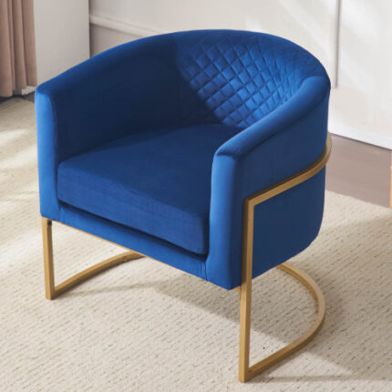 Velvet Upholstered Armchair with Gold Metal Bracket - Medieval Style Lounge Chair for Living Room, Office & Tea Room, Curved Backrest Design