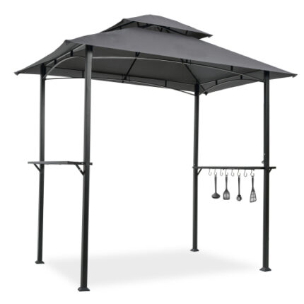 8 x 5 Ft Outdoor Grill Gazebo | Grey Double-Tier Canopy Shelter Tent | Steel Frame with Hook & Bar Counter Features