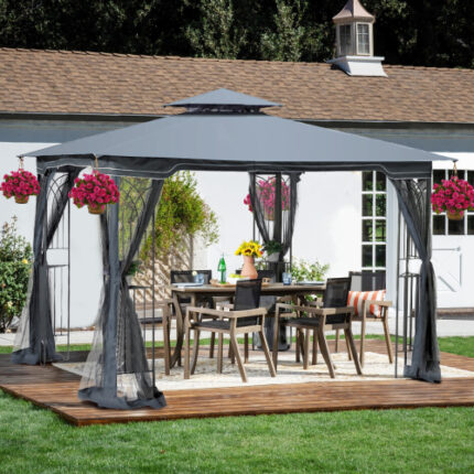 10' x 10' Outdoor Patio Gazebo Canopy Tent: Dual - Ventilated Roof, Detachable All - Around Mosquito Netting, Ideal for Lawns, Gardens, Backyards & Decks - Gray Canopy