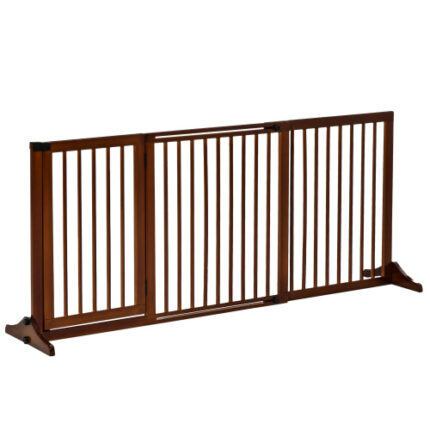PawHut 3-Panel Brown Adjustable Wooden Pet Gate - Freestanding Dog Fence with Lockable Door, 44.5"-65.25" L x 14.25" H for Doorways & Halls