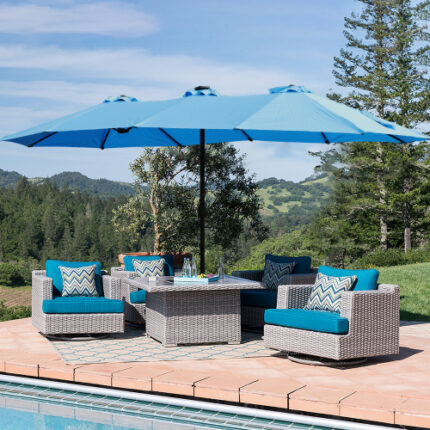 15x9ft Large Double - Sided Rectangular Outdoor Twin Patio Market Umbrella with Integrated Lighting & Included Base - Stunning Blue Hue