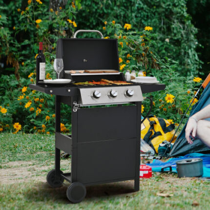 26,000 BTU Patio Gas Grill with 3 Burners: Stainless Steel Construction, Dual Shelves, Lid, Wheels & Built-in Bottle Opener