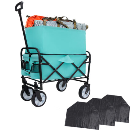 Minimeetall Blue Beach Wagon with 3 Plastic Liner Bags - Foldable, Heavy Duty, Versatile for Camping, Grocery & Outdoor Use
