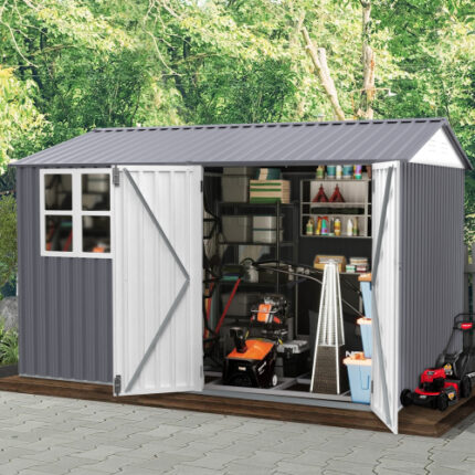 8x10 FT Heavy Duty Outdoor Storage Shed – Galvanized Steel Construction, Sloped Roof with 6 Vents, Double Lockable Doors, Garden & Lawn Tool Storage for Patio/Backyard/Bike & Lawnmower (Grey)