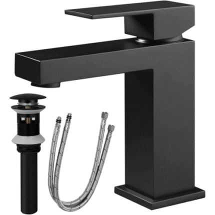 Matte Black Single Handle Bathroom Faucet - Solid Brass, Square Spout Design with Pop-Up Drain & Supply Hoses