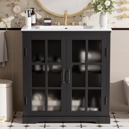 30" Black Modern Bathroom Vanity Set - Ceramic Sink, Tempered Glass Doors & Matte Black Handles, Rubber Wood Frame