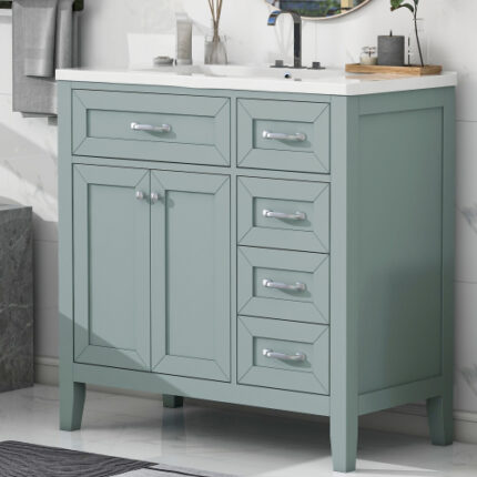 36" Green Bathroom Vanity with Sink - MDF & Solid Frame Cabinet with Storage Drawers