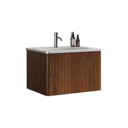 24" Wall-Mounted Floating Bathroom Vanity - Walnut & White Ceramic Sink, Pre-Assembled Modern Design