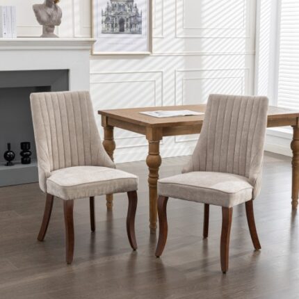 2-Pack Beige Rayon Flocking Linen Dining Chairs - Upholstered Fabric Accent Chairs with Curved Solid Wood Legs - Comfy Channel Tufted Design for Dining Room & Kitchen, SW1847BG