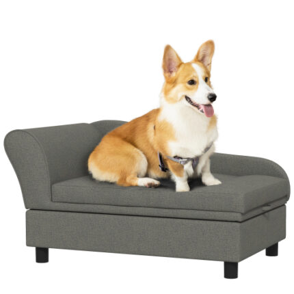 PawHut Elevated Pet Sofa with Hidden Storage | Gray Tufted Cushion Dog Couch for Small-Medium Dogs | Stylish Elevated Pet Bed