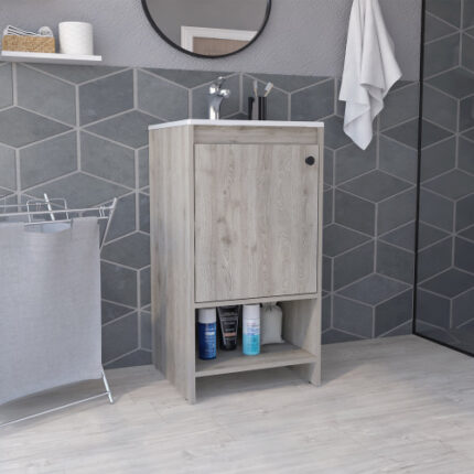 Jane Light Gray Bathroom Vanity - Single Door Cabinet with Two Shelves, Modern Storage Solution