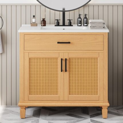 36" Natural Rattan Bathroom Vanity with Ceramic Sink – Modern Freestanding Cabinet, 2 Soft-Close Doors & 3 Drawers, Solid Wood Legs