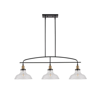 45" Industrial Farmhouse Chandelier – 3-Light Pendant with Clear Glass Shades & Black Metal Frame for Kitchen Island or Dining Room (Adjustable, No Bulbs)
