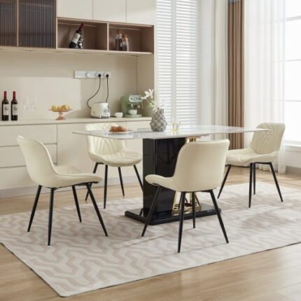 2-Pack Mid Century Modern Cream Faux Leather Dining Chairs - Upholstered Kitchen Chairs with Comfortable Padded Seats for Dining Room & Kitchen