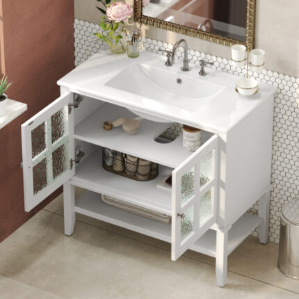 36" White Bathroom Vanity with Ceramic Sink - Adjustable & Open Shelves, Solid Wood Legs, Waterproof Finish