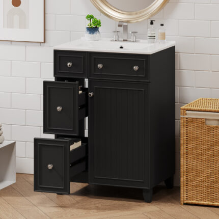 24" Bathroom Vanity Set with Ceramic Sink - 2 Drawers & 1 Door Cabinet, Space-Saving Design