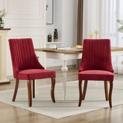 2-Pack Wine Red Rayon Cloth Flocking Linen Dining Chairs - Upholstered Fabric Accent Chairs with Curved Solid Wood Legs for Kitchen & Dining Room - Comfy Channel Tufted Design, SW1847WR