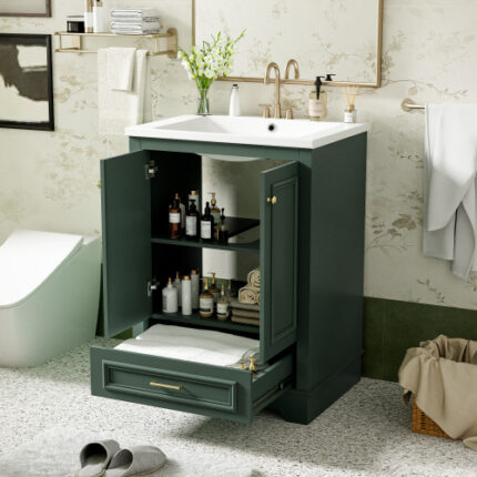 24" Modern Bathroom Vanity Set - White Freestanding Cabinet with Ceramic Sink, Silver Handles & Soft-Close Doors