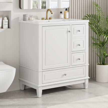 30" White Bathroom Vanity with Sink - Soft-Close Door, 3 Drawers & Shelf Storage